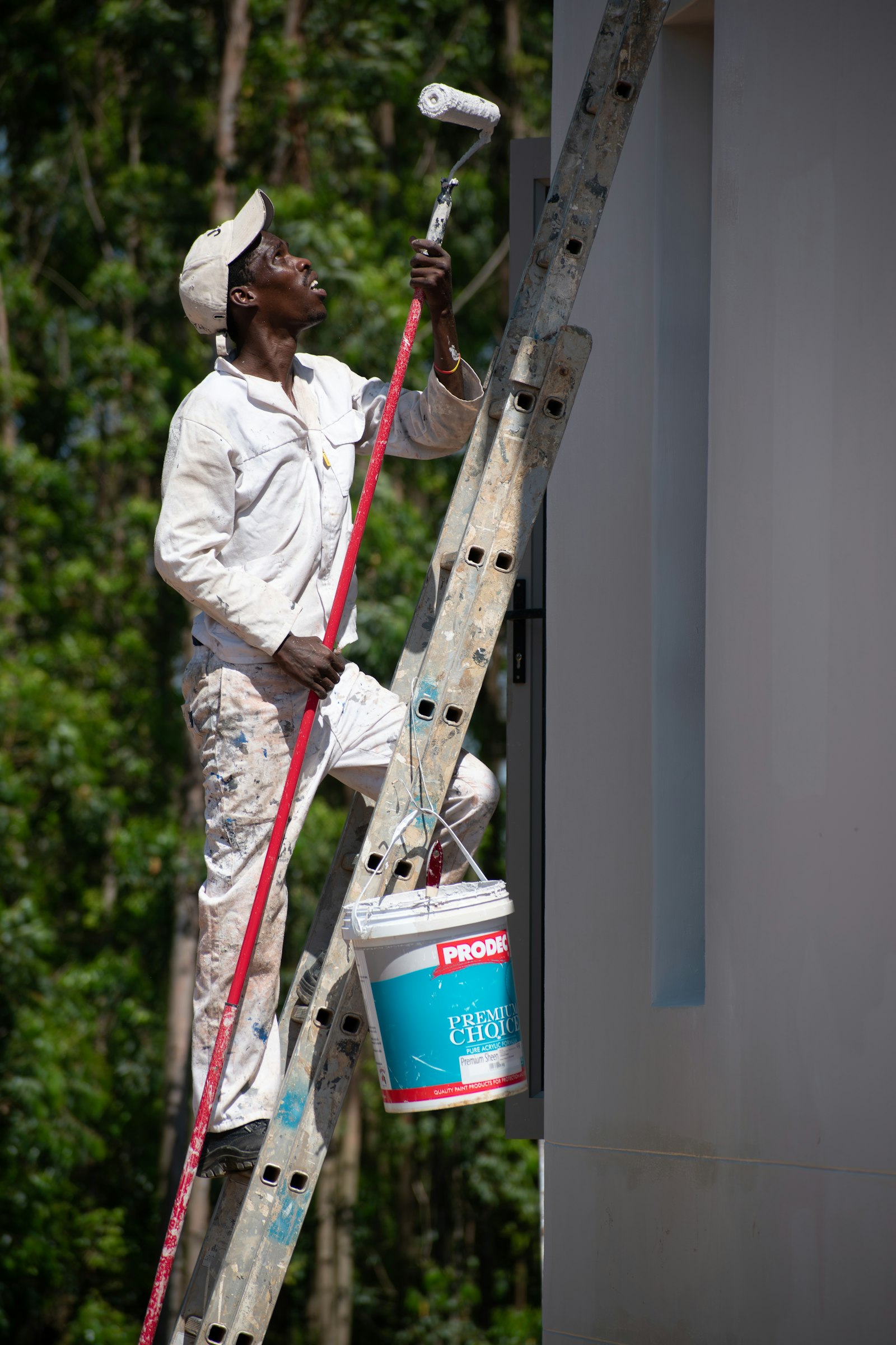 A painter on a ladder rolling a finish coat along the upper edge of an exterior wall